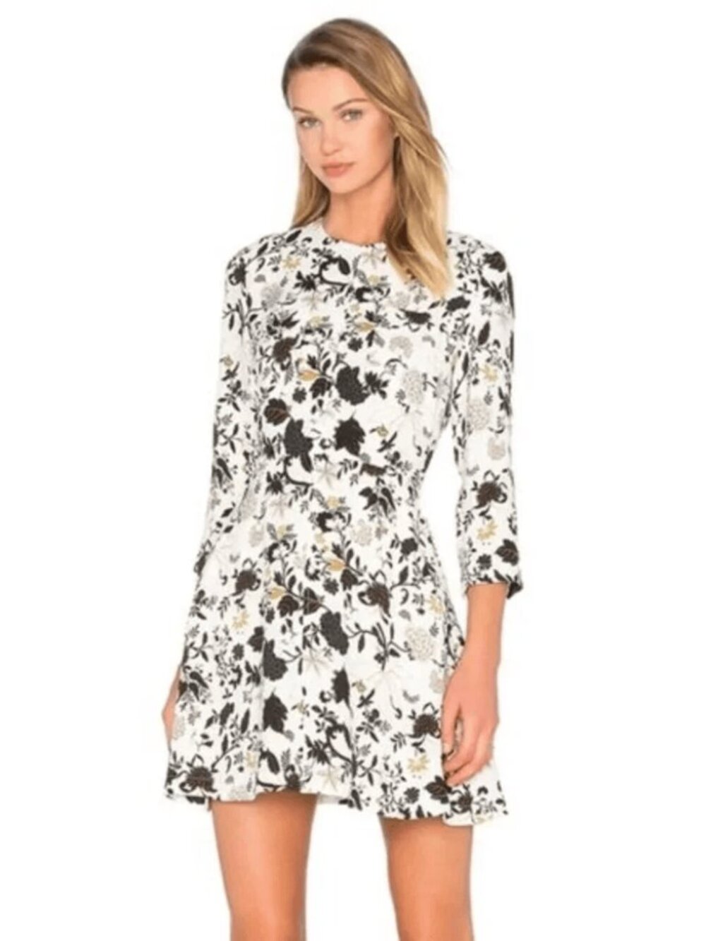 A.L.C. Terry 3/4-sleeve floral Silk Mini Fit Flare Dress Eggshell/Black/Blue 4